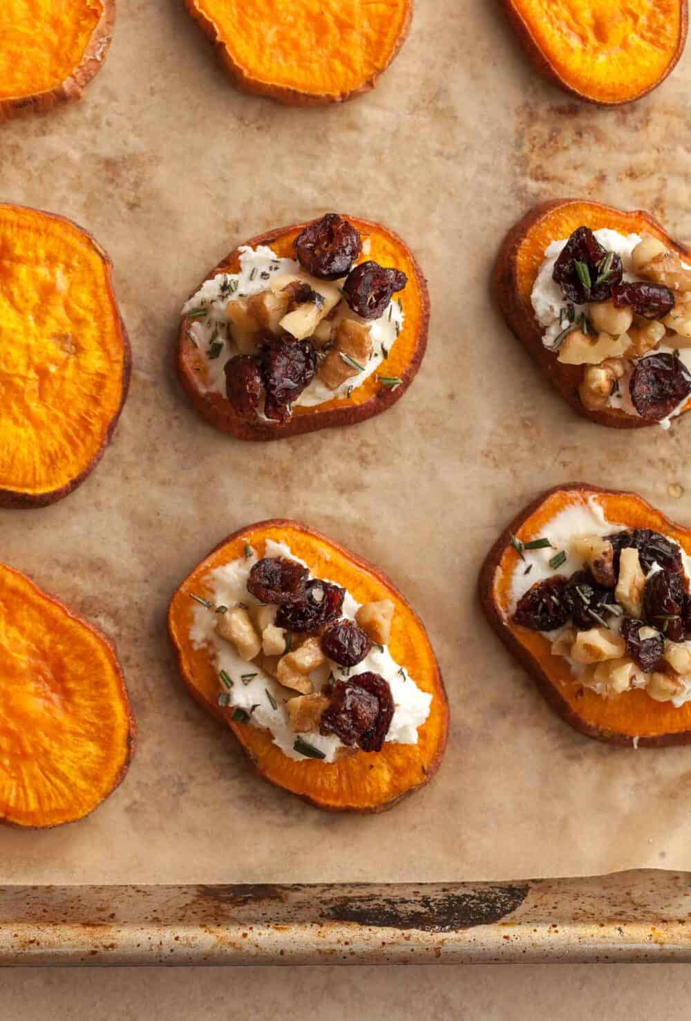Sweet Potato Bites with Goat Cheese Close Up Top View