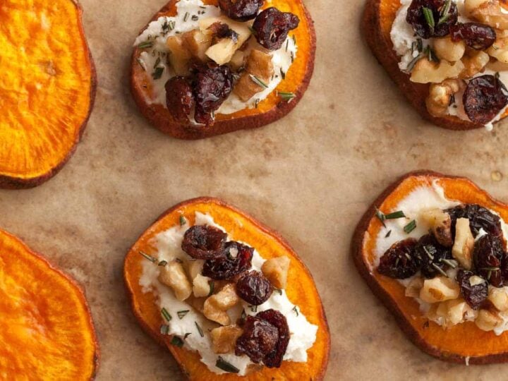 Sweet Potato Bites with Goat Cheese Close Up Top View