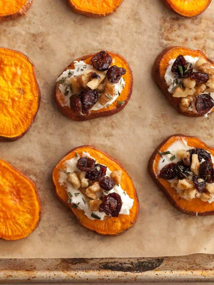 Sweet Potato Bites with Goat Cheese Close Up Top View