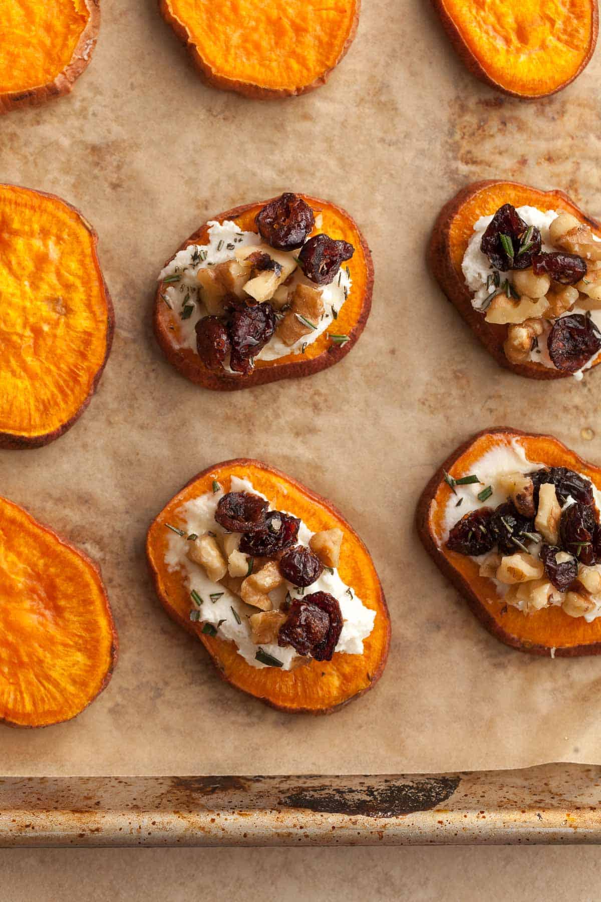 Sweet Potato Bites with Goat Cheese Close Up Top View